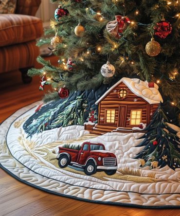 Red Truck By Snowy Cabin Holiday Tree Skirt - Handcrafted Vintage Truck Scene, Custom Christmas Décor, Premium Felt