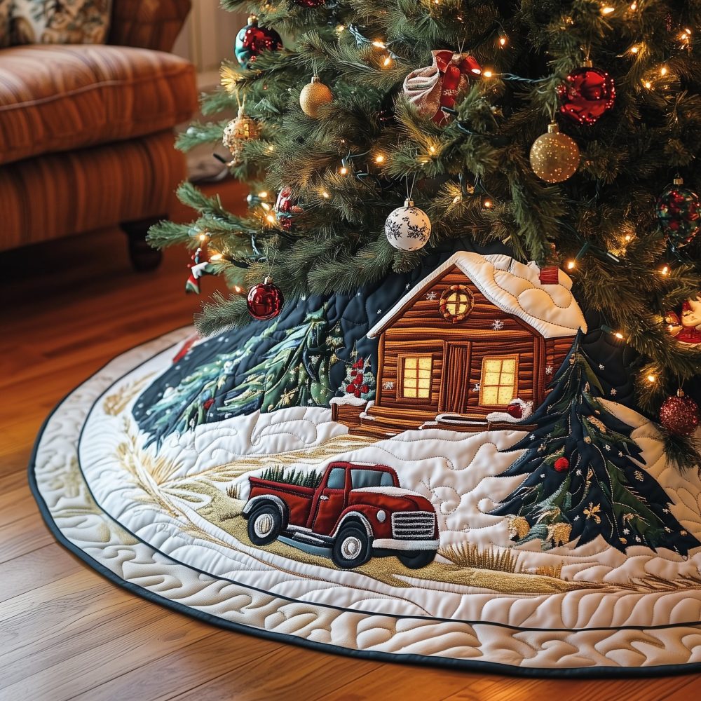 Red Truck By Snowy Cabin Holiday Tree Skirt - Handcrafted Vintage Truck Scene, Custom Christmas Décor, Premium Felt