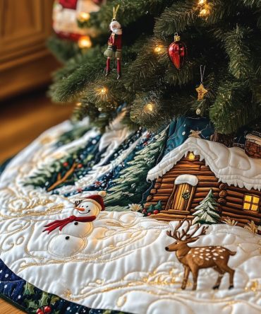 Snowman & Deer Beside Cabin Tree Skirt - Handcrafted Winter Woodland Scene, Custom Christmas Décor, Premium Fabric