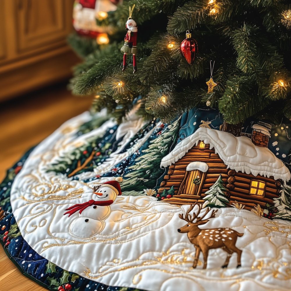Snowman & Deer Beside Cabin Tree Skirt - Handcrafted Winter Woodland Scene, Custom Christmas Décor, Premium Fabric