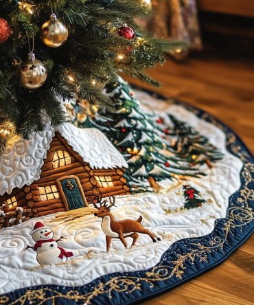 Cozy Cabin With Snowman & Reindeer Tree Skirt - Handcrafted Rustic Winter Scene, Custom Christmas Décor