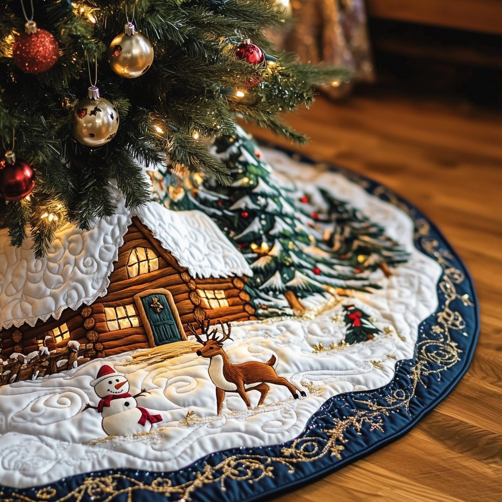 Cozy Cabin With Snowman & Reindeer Tree Skirt - Handcrafted Rustic Winter Scene, Custom Christmas Décor