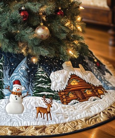 Snowman & Deer By Lit Cabin Tree Skirt - Handcrafted Twilight Holiday Scene, Custom Christmas Décor, Premium Felt