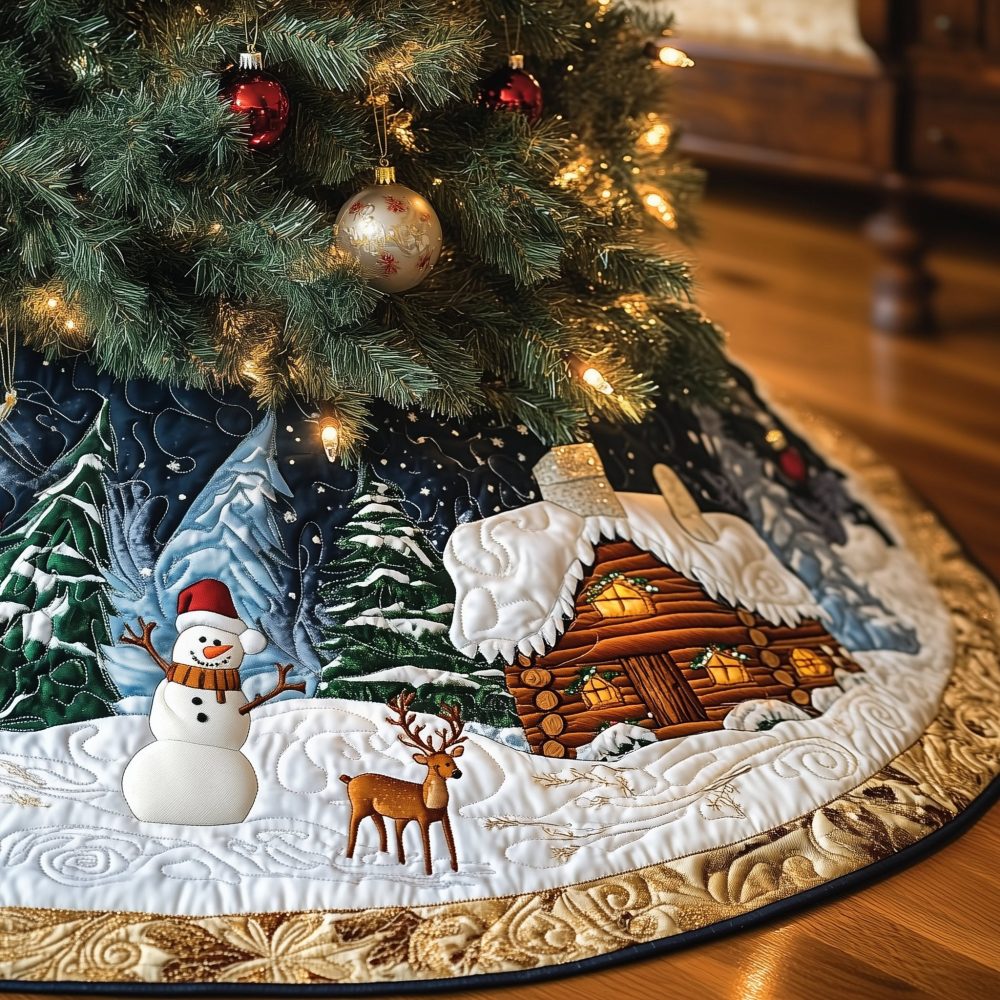 Snowman & Deer By Lit Cabin Tree Skirt - Handcrafted Twilight Holiday Scene, Custom Christmas Décor, Premium Felt