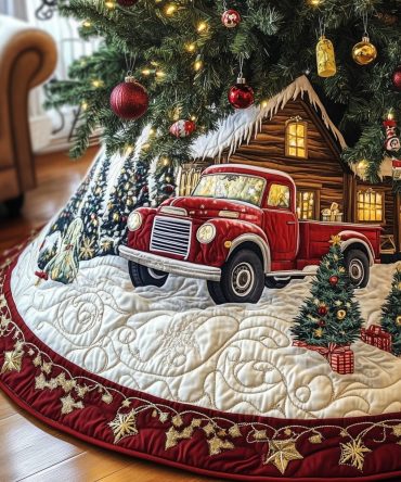 Red Truck & Cabin Among Pines Tree Skirt - Handcrafted Rustic Holiday Scene, Custom Made Christmas Décor