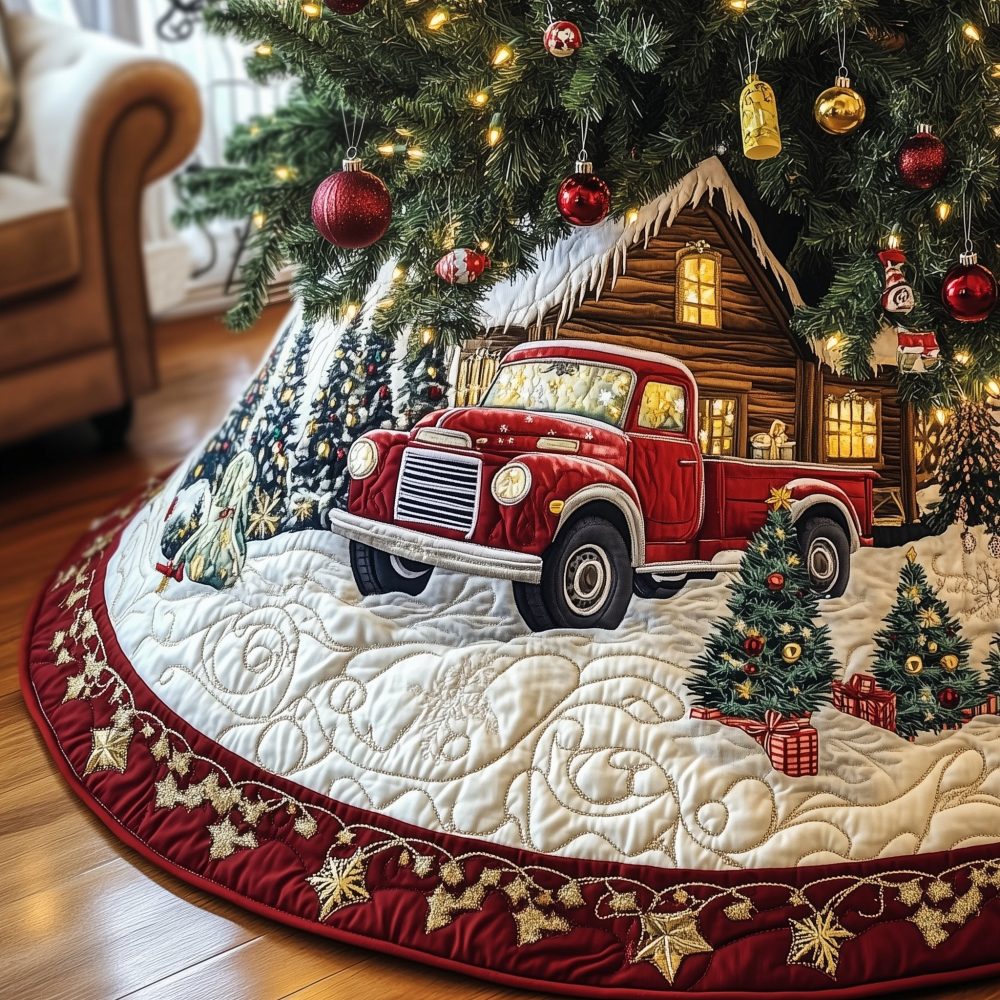 Red Truck & Cabin Among Pines Tree Skirt - Handcrafted Rustic Holiday Scene, Custom Made Christmas Décor
