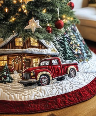 Red Pickup At The Christmas Cabin Tree Skirt - Handcrafted Rustic Truck Scene, Custom Holiday Décor, Premium Felt