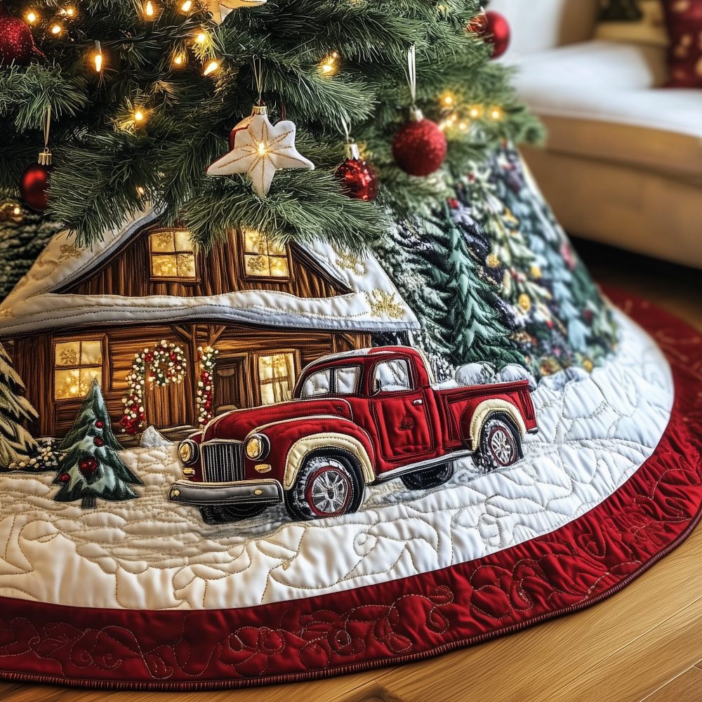 Red Pickup At The Christmas Cabin Tree Skirt - Handcrafted Rustic Truck Scene, Custom Holiday Décor, Premium Felt