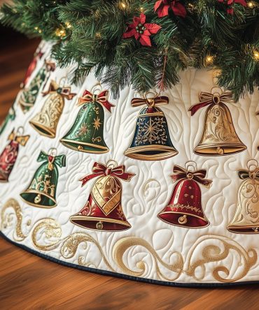 Ivory Holiday Tree Skirt With Classic Bells & Ribbons — Elegant Made-To-Order Christmas Skirt, Embroidered Accents, Custom Sizes