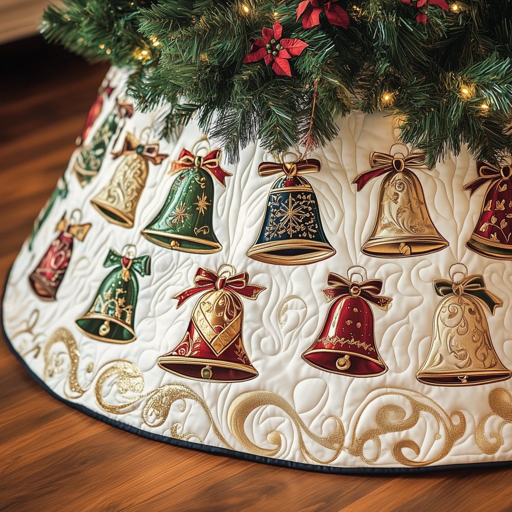 Ivory Holiday Tree Skirt With Classic Bells & Ribbons — Elegant Made-To-Order Christmas Skirt, Embroidered Accents, Custom Sizes