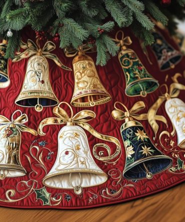 Golden Bells On Crimson Quilt Tree Skirt — Custom-Made Luxurious Crimson Tree Skirt With Golden Bells And Quilted Detail For Classic Holiday Style