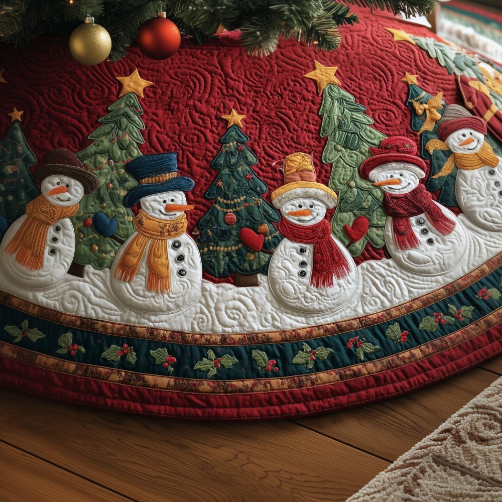 Snowy Spirit Christmas Tree Skirt - Custom Winter Wonderland Holiday Tree Base, Snowy Scene Handcrafted Tree Skirt