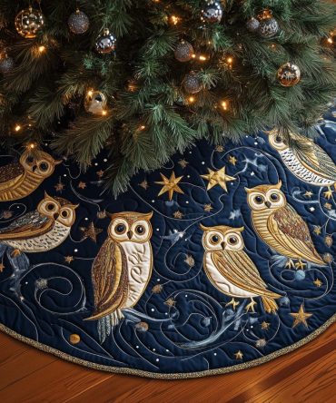Winter Night Owls Christmas Tree Skirt - Handmade Nocturnal Owl Holiday Tree Base, Elegant Nighttime Forest Decor