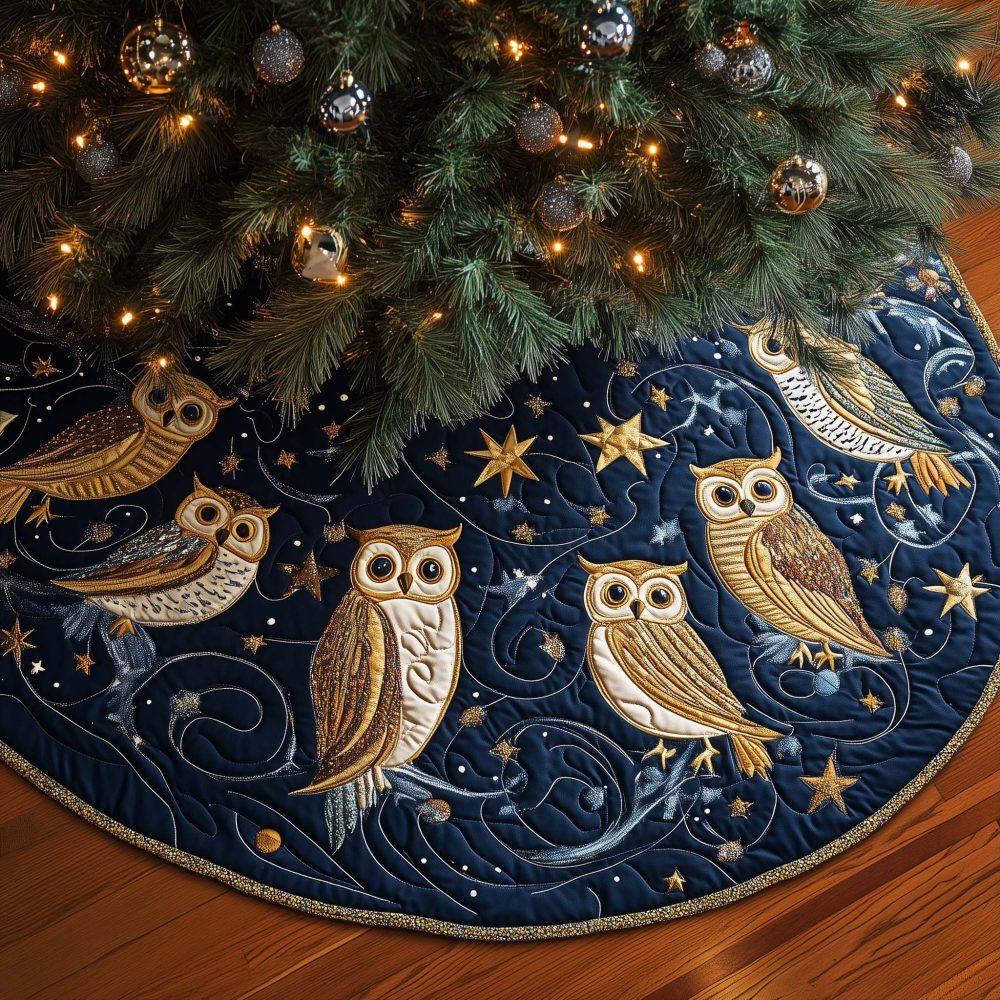 Winter Night Owls Christmas Tree Skirt - Handmade Nocturnal Owl Holiday Tree Base, Elegant Nighttime Forest Decor