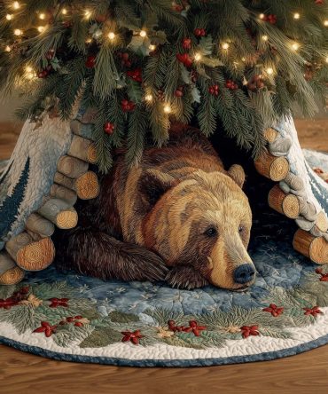 Cozy Bear Christmas Tree Skirt - Handcrafted Teddy Bear Holiday Tree Base, Warm Plush Rustic Kids Room Decor