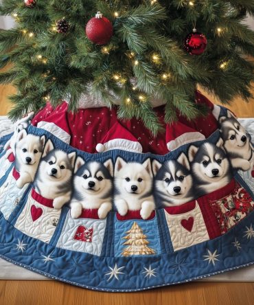 Husky Puppies In Christmas Stockings Tree Skirt — Custom Holiday Skirt With Festive Puppies, Handmade & Made-To-Order