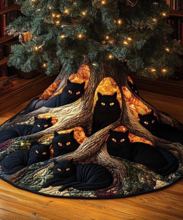 Midnight Cat Christmas Tree Skirt - Custom Handmade Black Cat Holiday Tree Base, Elegant Gothic Pet Lover Gift