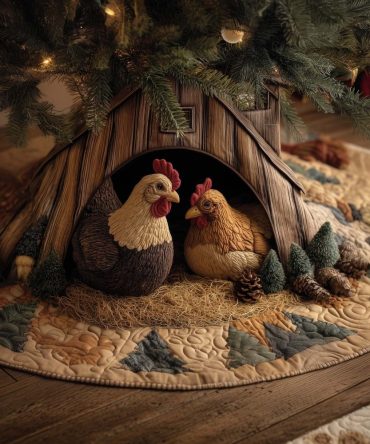 Cozy Chicken Christmas Tree Skirt - Handmade Farmhouse Holiday Tree Base, Country Chicken Motif Custom Skirt