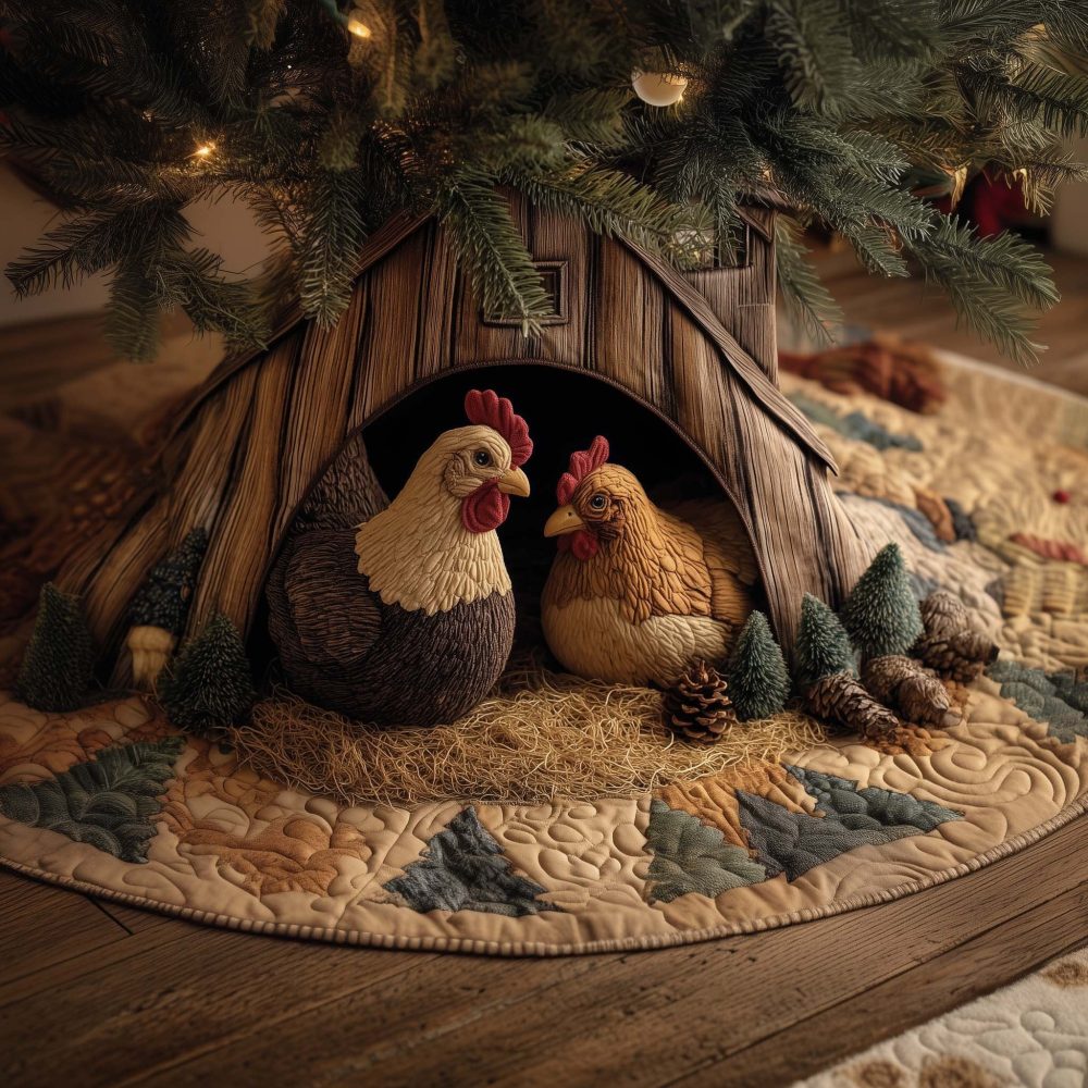 Cozy Chicken Christmas Tree Skirt - Handmade Farmhouse Holiday Tree Base, Country Chicken Motif Custom Skirt