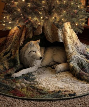 Resting Wolf In Root Hollow Tree Skirt - Handcrafted Winter Forest Scene, Custom Made Holiday Décor, Premium Felt