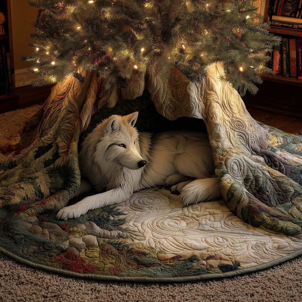 Resting Wolf In Root Hollow Tree Skirt - Handcrafted Winter Forest Scene, Custom Made Holiday Décor, Premium Felt