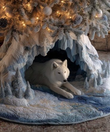White Wolf Icy Cavern Holiday Tree Skirt - Handcrafted Arctic Scene, Custom Christmas Décor, Premium Textile