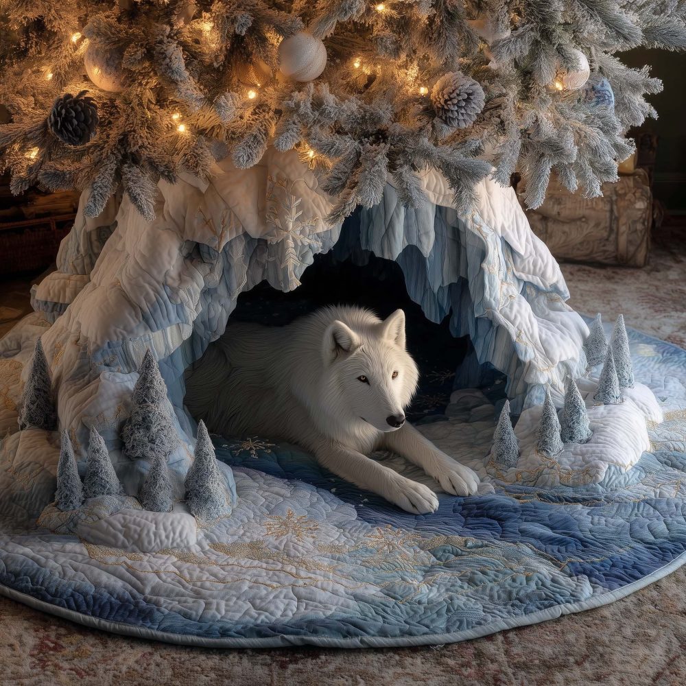 White Wolf Icy Cavern Holiday Tree Skirt - Handcrafted Arctic Scene, Custom Christmas Décor, Premium Textile