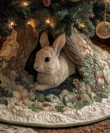 Floral Hollow Rabbit Holiday Tree Skirt - Handcrafted Garden Grove Scene, Custom Christmas Décor, Premium Fabric