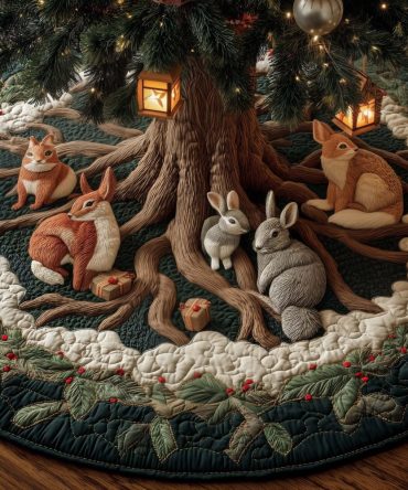 Woodland Animals Root Scene Tree Skirt - Handcrafted Holiday Decor, Custom Made, Premium Fabric For Christmas