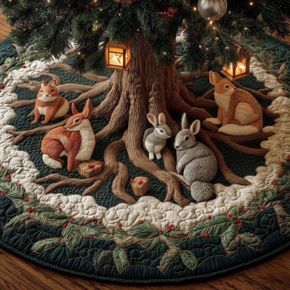 Woodland Animals Root Scene Tree Skirt - Handcrafted Holiday Decor, Custom Made, Premium Fabric For Christmas