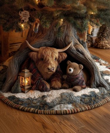 Highland Cow & Bear Holiday Tree Skirt - Handcrafted Hollow Meadow Scene, Custom Rustic Christmas Décor