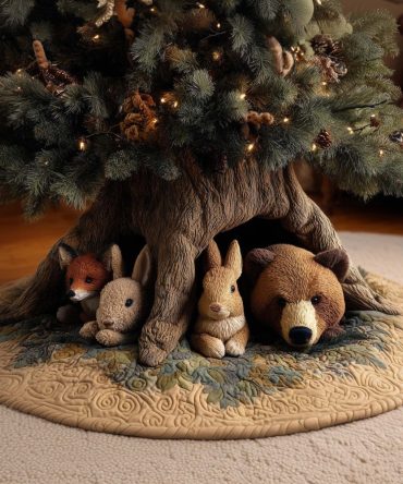Whimsical Fox Rabbit Bear Tree Skirt - Handcrafted Root Hollow Scene, Custom Christmas Décor, Premium Felt