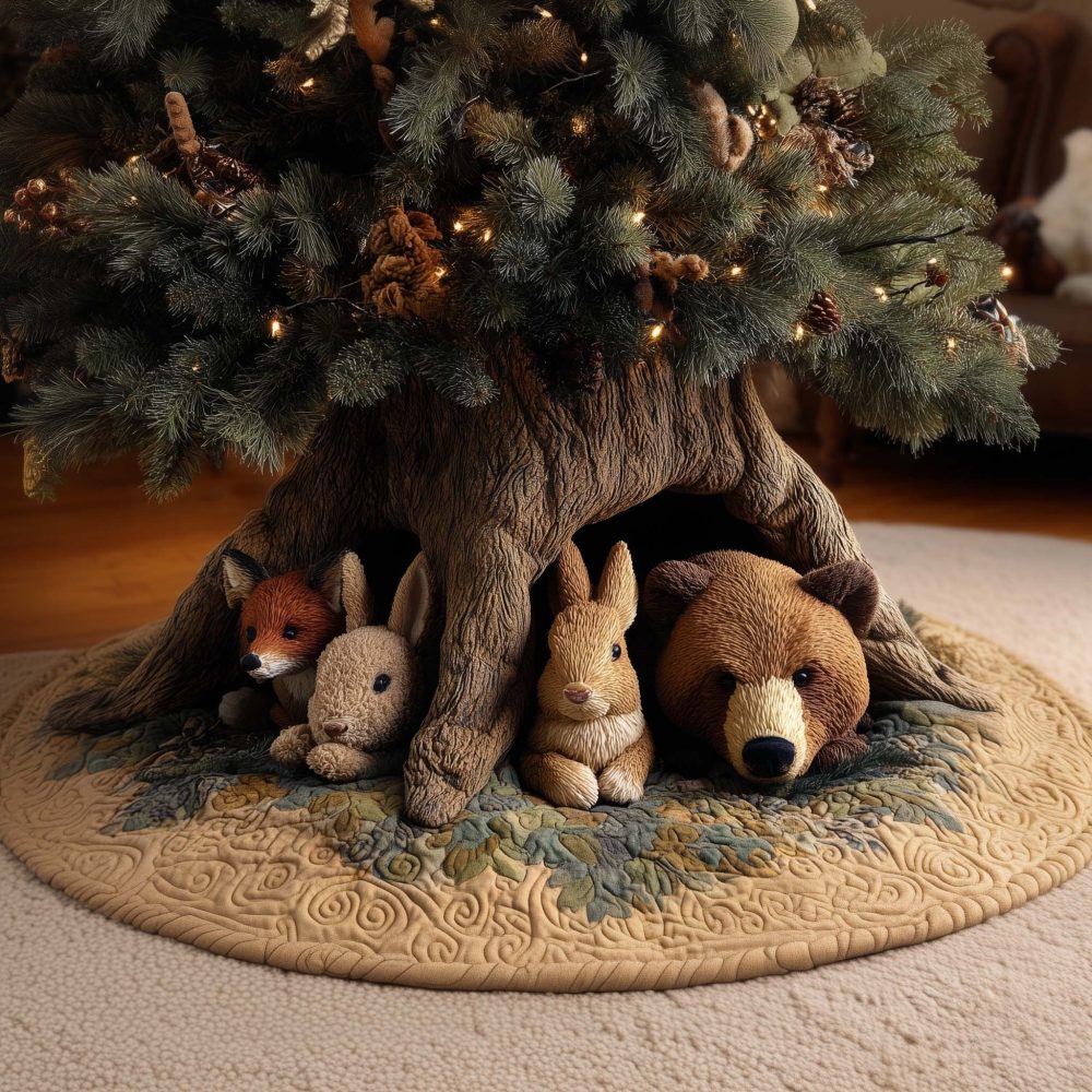 Whimsical Fox Rabbit Bear Tree Skirt - Handcrafted Root Hollow Scene, Custom Christmas Décor, Premium Felt