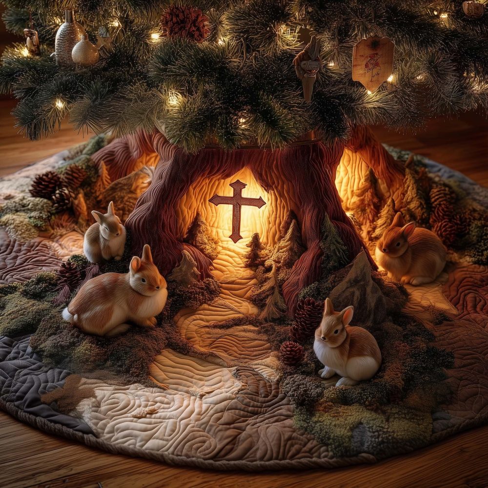 Holy Cross Nativity Christmas Tree Skirt - Custom Handcrafted Religious Holiday Tree Base, Christian Christmas Decor