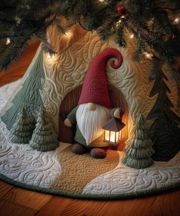 Forest Lantern Gnome Holiday Tree Skirt - Handcrafted Woodland Scene, Custom Made Christmas Décor, Premium Fabric