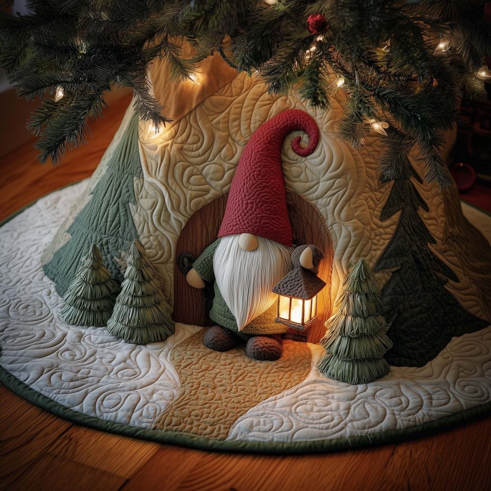 Forest Lantern Gnome Holiday Tree Skirt - Handcrafted Woodland Scene, Custom Made Christmas Décor, Premium Fabric