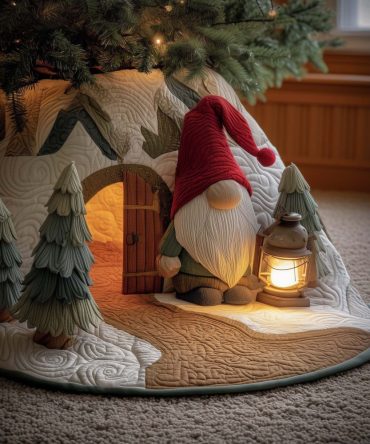 Gnomes At The Wooden Door Tree Skirt — Handcrafted Rustic Christmas Skirt With Playful Gnome Doorway Design, Custom Fit