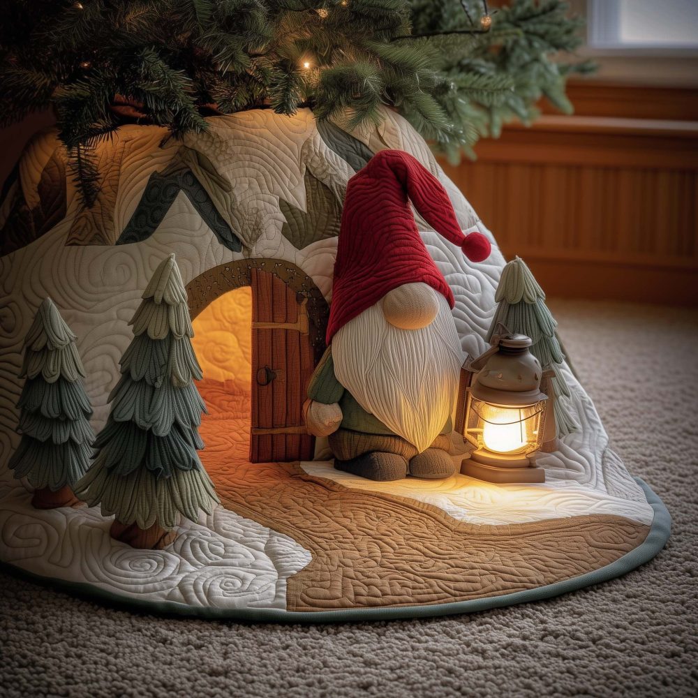 Gnomes At The Wooden Door Tree Skirt — Handcrafted Rustic Christmas Skirt With Playful Gnome Doorway Design, Custom Fit