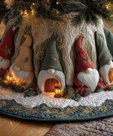 Handcrafted Gnome Cottage Holiday Tree Skirt - Glowing Evening Scene, Custom Christmas Décor, Premium Felt