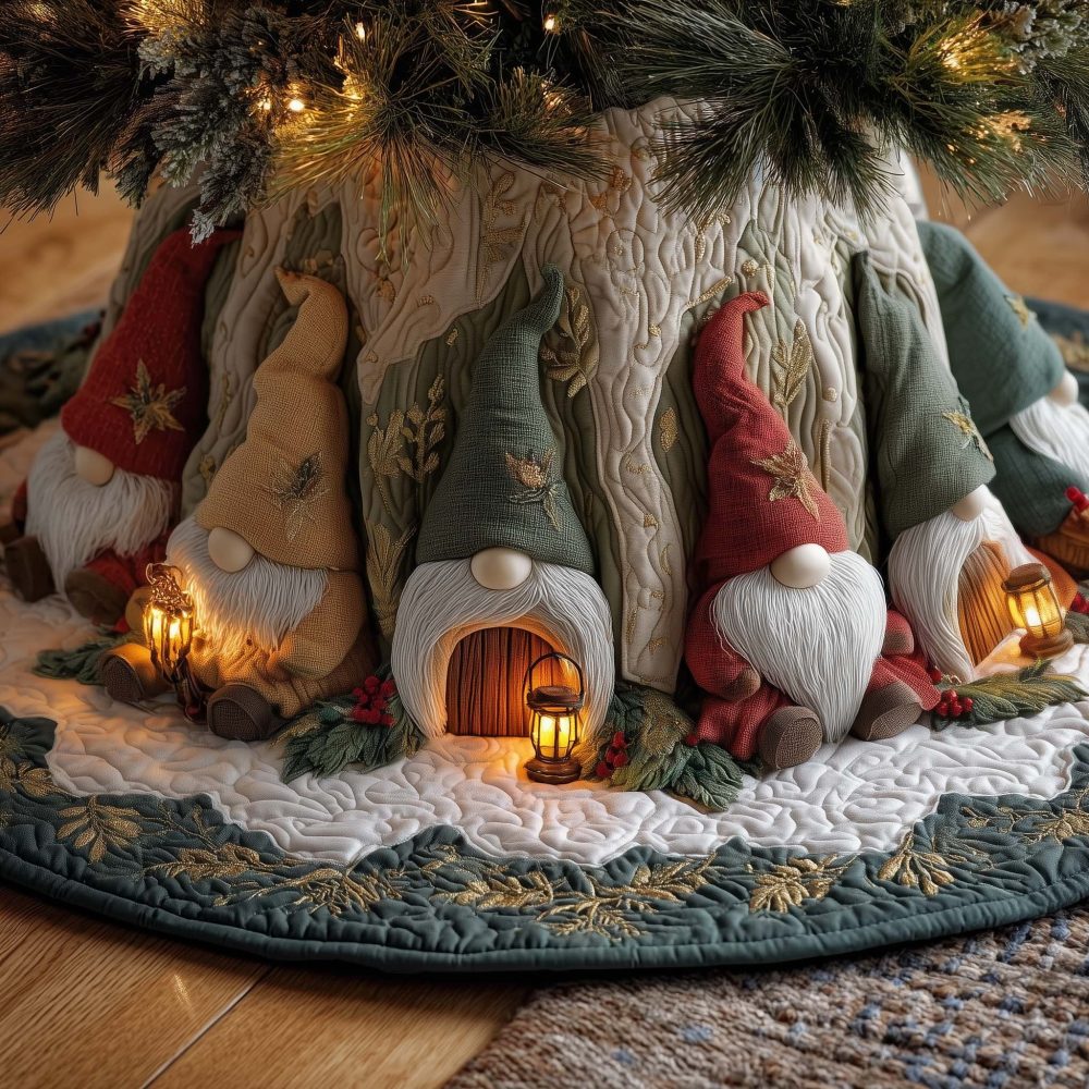 Handcrafted Gnome Cottage Holiday Tree Skirt - Glowing Evening Scene, Custom Christmas Décor, Premium Felt