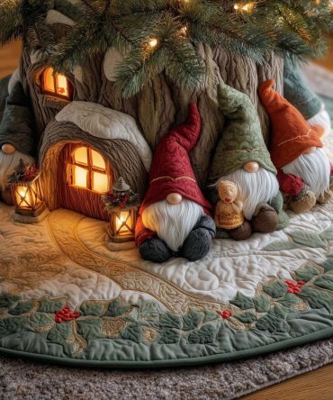 Gnomes Beside Lit Windows Tree Skirt — Charming Handmade Christmas Skirt With Gnome Village Night Scene, Made To Order