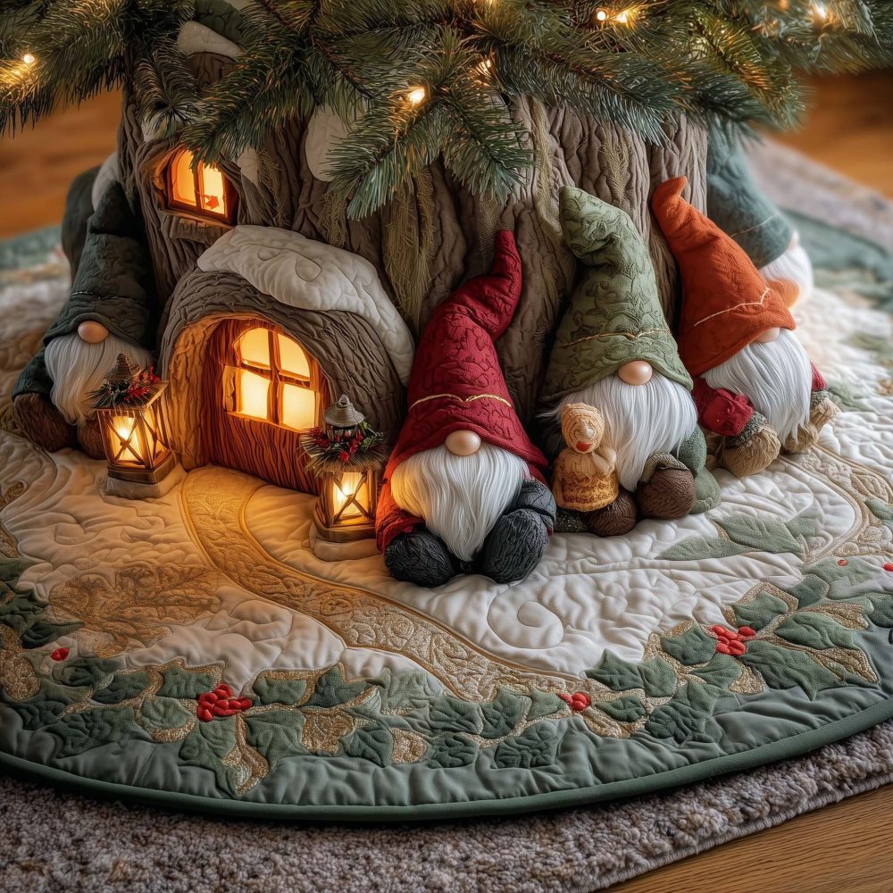 Gnomes Beside Lit Windows Tree Skirt — Charming Handmade Christmas Skirt With Gnome Village Night Scene, Made To Order