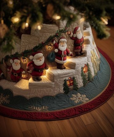 Whimsical Santa Climbers Tree Skirt — Handcrafted Snow-Step Santa Scene, Custom Holiday Skirt Sizes & Premium Materials