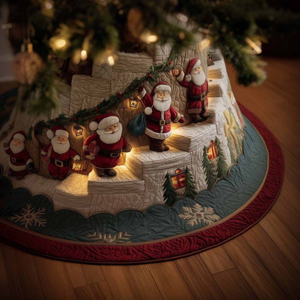 Whimsical Santa Climbers Tree Skirt — Handcrafted Snow-Step Santa Scene, Custom Holiday Skirt Sizes & Premium Materials