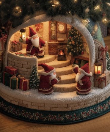 Santas In Stone Stair Grotto Tree Skirt — Custom-Made Majestic Christmas Skirt With Santa Scenes For Timeless Holiday Ambiance