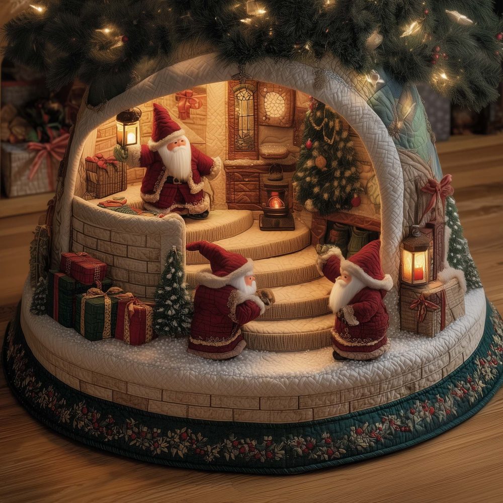 Santas In Stone Stair Grotto Tree Skirt — Custom-Made Majestic Christmas Skirt With Santa Scenes For Timeless Holiday Ambiance