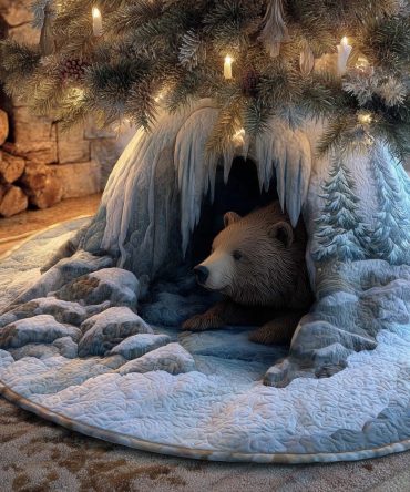 Polar Bear In Icicle Cave Tree Skirt — Elegant White & Blue Winter Tree Skirt With Polar Bear Motif, Made To Order