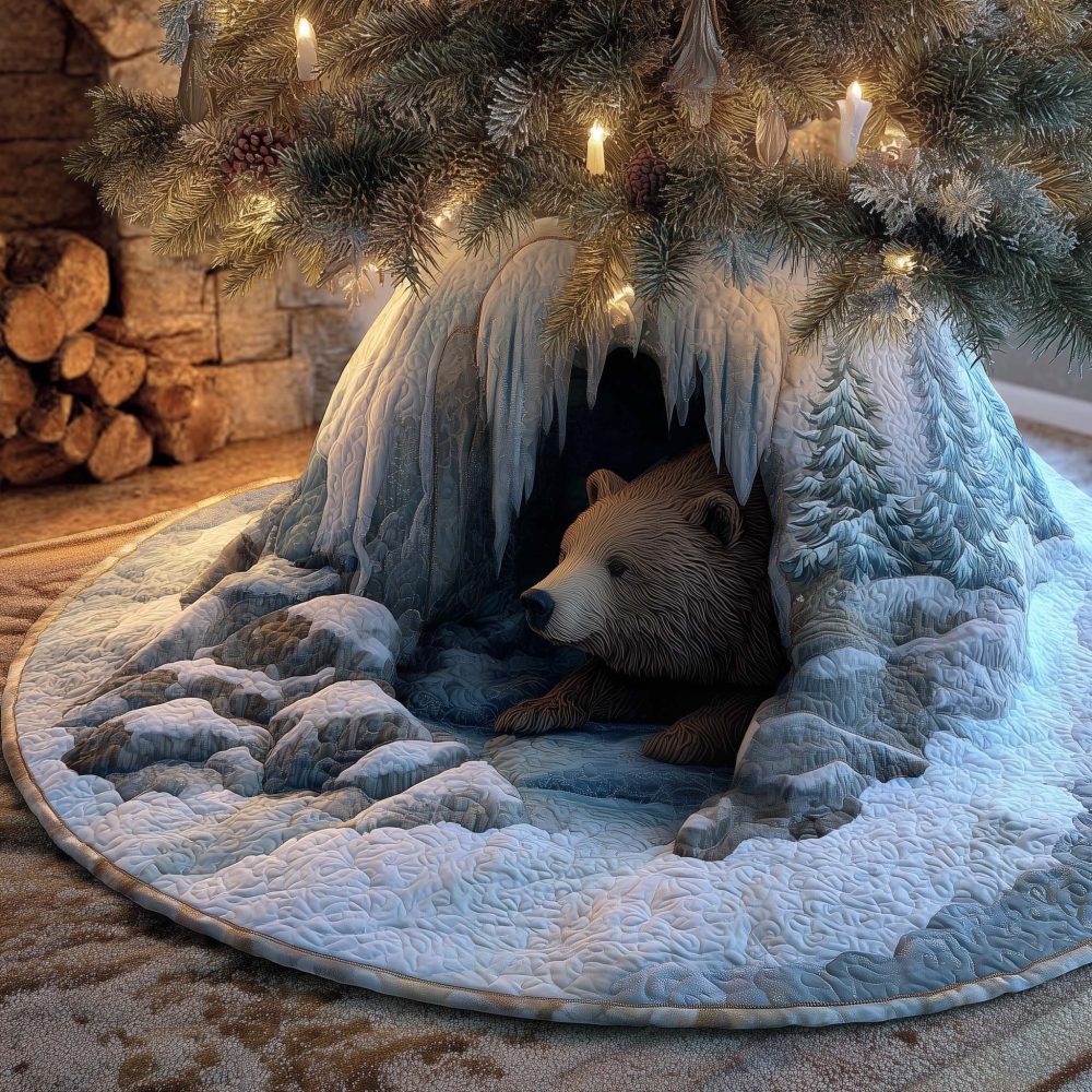 Polar Bear In Icicle Cave Tree Skirt — Elegant White & Blue Winter Tree Skirt With Polar Bear Motif, Made To Order