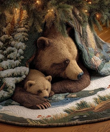 Brown Bear With Sleeping Cub Christmas Tree Skirt — Handcrafted Quilted Tree Skirt Featuring Tender Bear Family Scene