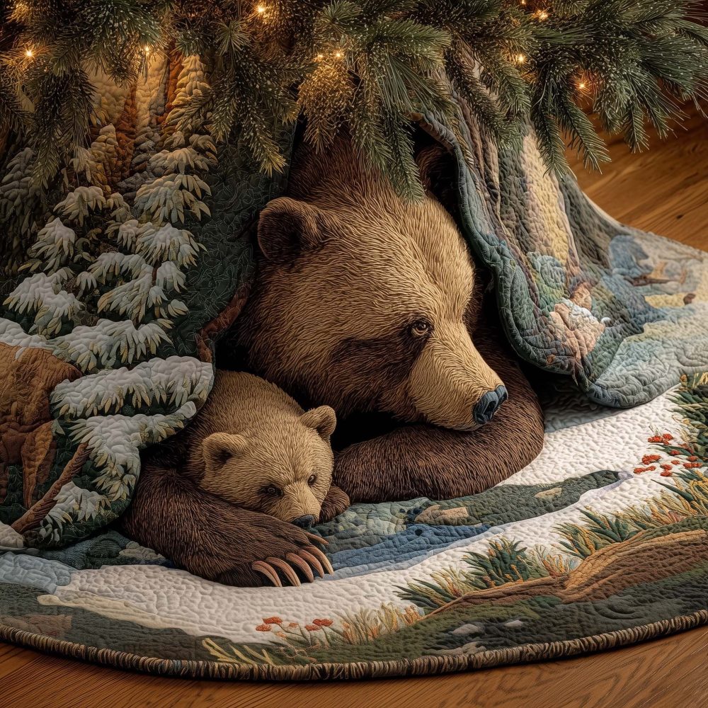 Brown Bear With Sleeping Cub Christmas Tree Skirt — Handcrafted Quilted Tree Skirt Featuring Tender Bear Family Scene